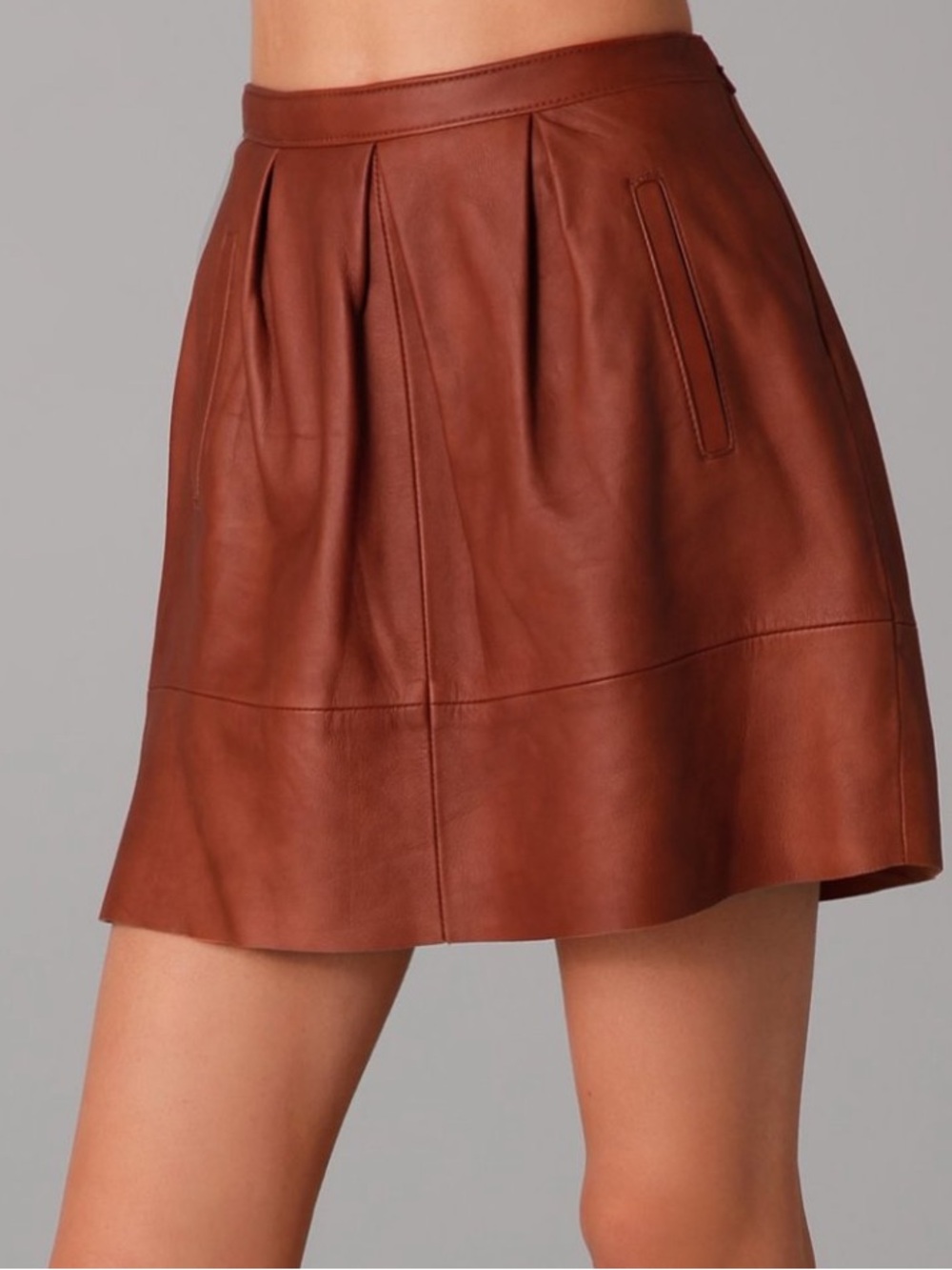 Mini Leather Pleated Skirt in Cognac
